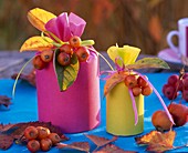 Kleine runde Geschenke mit Malus (Zieräpfeln) geschmückt, Herbstlaub