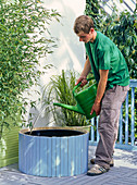 Covering the water plant bucket with wood