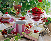 Rubus (raspberry) in glass bowl on tray, striped espresso cup
