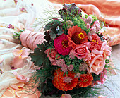 Bouquet of Zinnia (zinnias), Astrantia (starflower), Rosa (roses), Sedum