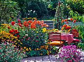 Terrassenbeet mit Dahlia (Dahlien), Gladiolus (Gladiolen)