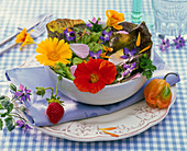 Salad with edible flowers, lactuca, calendula