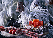 Advent wreath in hoarfrost on terrace table
