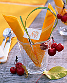 Malus (Zieräpfel) und Spartina (Goldleistengras) an Glas