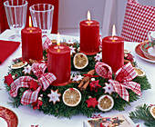 Red and white Advent wreath from Abies nordmanniana (Nordmann fir)