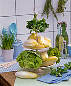 Etagere with various salads: Valerianella (lamb's lettuce), Cichorium