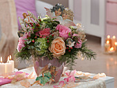Bouquet of Rosa (roses), Dianthus (carnations), Pseudostuga (Douglas fir)