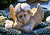 Bust of an angel between Abies (fir branches) with Christmas tree ornaments