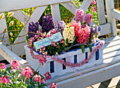 Light blue painted fruit staircase with hyacinthus (hyacinths)