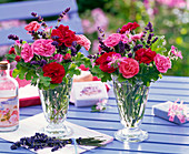 Small bouquets of Dianthus (carnations), Pelargonium (geraniums) and Lavandula