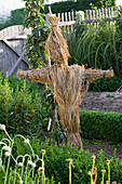 Vogelscheuche aus Stroh im Bauerngarten, Buxus (Buchs)