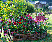 Sommerblumen in Rundbeet mit Einfassung aus Weidengeflecht