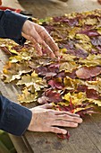 Blätterteppich aus Herbstlaub und Drahtgitter