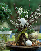 Nest of Salix twigs (willow catkins), duck eggs as vase