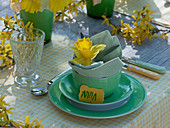 White-yellow table decoration with daffodils