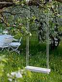 Swing hung on branch of flowering malus (apple tree)