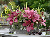 Small bouquets of Lilium 'Sweet Lord' (lilies), Campanula