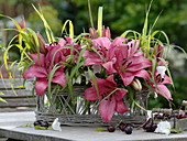 Kleine Sträuße aus Lilium 'Sweet Lord' (Lilien), Campanula