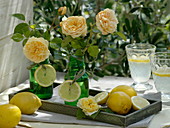 Grüne Flaschen als Vasen mit Rosa (gelben Duft-Rosen), Citrus limon