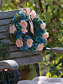 Wreath of pink (roses), hydrangea (blue hydrangea flowers)