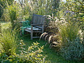 Wooden bench at grass bed