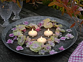 Hydrangea blossoms laid in a heart shape with floating candles in water