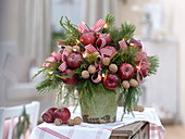 Christmas bouquet with apples, walnuts, pinus