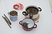 Winter food for birds in enamelled pots (1/4)