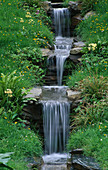 Water Feature: Water CASCADES THROUGH MEADOW with Primula PULVERULENTA AND Carex MORROWII IN THE WYEVALE / PORTMEIRION Garden, CHELSEA 99
