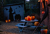 Halloween: GRAVEL COURTYARD with Blue TABLE, PUMPKINS, BESOM BROOM, Blue SHED with WITCH AND COULDRON Silhouette CUT From PVC PONDLINER