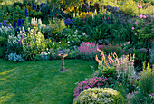 LAUNA SLATTERS Garden OXFORDSHIRE: BORDER Beside POND with LAWN AND BIRDBATH, PLANTED with HEBE RAKAIENSIS, PHUOPSIS STYLOSA, Verbascum AND LYCHNIS FLOS - JOVIS