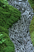 Trockener Bachlauf aus walisischen Schieferpaddelsteinen, umgeben von Moos