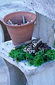 Designer: Clare MATTHEWS - INSECT DEN - INGREDIENTS FOR MAKING DEN with HOLLOW STICKS, Moss AND A TERRACOTTA Pot
