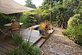 EXOTIC SHADE PLANTING of GRASSES, PHORMIUM, BAMBOO, Rosemary AND OTHER FOLIAGE PLANTS with CANOPY OVER DECKED Dining AREA IN SMALL Town GRAVEL Garden by KATHY Taylor, LONDON.