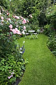 Amelia HEATH Garden, 1, CROSS VILLAS, SHROPSHIRE: THE SECRET GARDEN. A PLACE TO SIT - WOODEN TABLE AND CHAIRS On LAWN SURROUNDED by ROSES