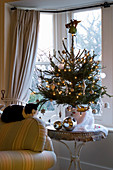 BOONSHILL Farm at CHRISTMAS: Living ROOM with CHRISTMAS TREE Beside THE Front WINDOW AND Cat SLEEPING On THE SETTEE. Designer: LISETTE PLEASANCE