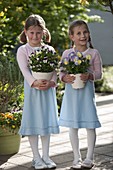 Girl with Viola cornuta (horned violet) and Viola wittrockiana 'Etain'