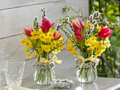 Small bouquets with Narcissus 'Martinette', Tulipa