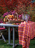 Autumn still life with Malus (apples in a basket), leaves of wild vine (Parthenocissus)