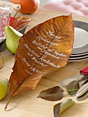 Menükarte auf ein Herbstblatt geschrieben, Kürbis (Cucurbita), Birnen