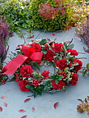 Wreath of twisted Cornus (dogwood) decorated with red Dianthus