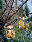 Kleine Gläser als Windlichter an Baum gehängt