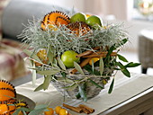 Fragrant basket with wreath of Helichrysum italicum (curry herb)