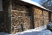 Filled woodshed in winter