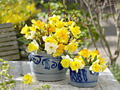Frühlingssträuße aus Narcissus (Narzissen) und Zweigen von Cornus