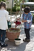 Kinder säen Feuerbohnen in Terracottakübel