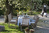 Seating group under flowering pear tree