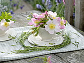 Small Rosa canina (dog rose) bouquet in cup