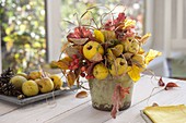 Fragrant bouquet of Chaenomeles (ornamental quinces), Malus (ornamental apples)