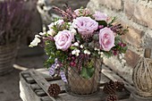 Autumn bouquet with Rosa (roses), Calluna (broom heather), Symphoricarpos